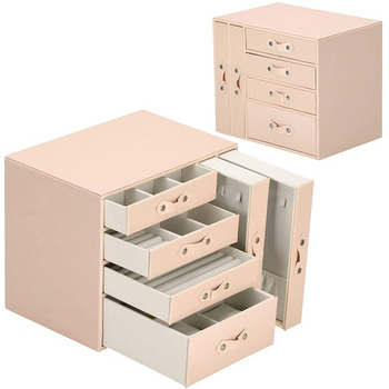 Kuferrek, Szkatułka na biżuterię ekoskóra 26x22x18 cm różowy z szufladami