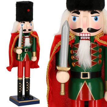 Dziadek do orzechów 38 cm z mieczem, drewniany żołnierzyk zielono-czerwony, figurka świąteczna