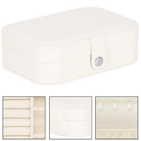 Kuferr, szkatułka na biżuterię ekoskóra 16x11x5 cm kremowa z brokatem z przegródkami