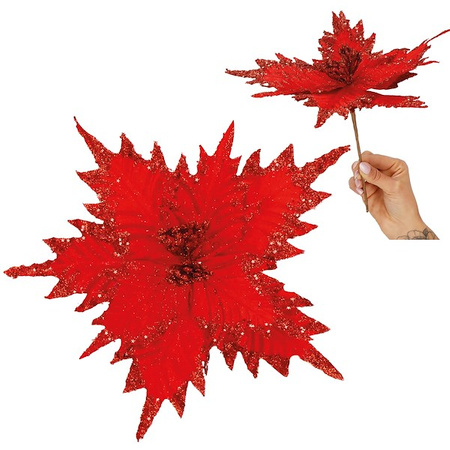 Gwiazda betlejemska, sztuczny kwiat na klipsie poinsecja czerwona z brokatem