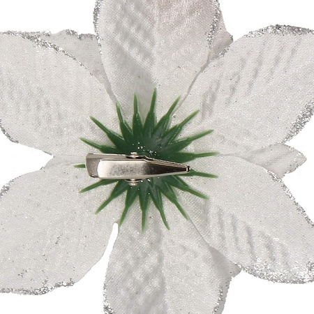 Gwiazda betlejemska, sztuczny kwiat poinsecja srebrna z brokatem, na klipsie