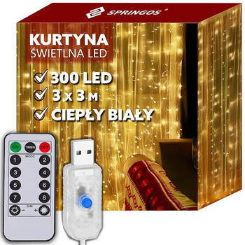 Kurtyna świetlna ciepły biały 300 Led lampki wewnętrzne z programatorem USB