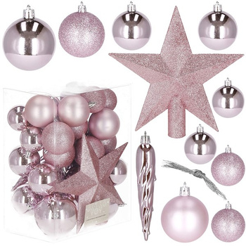 Bombki choinkowe 33 szt. ozdoby świąteczne zestaw z gwiazdą różowe