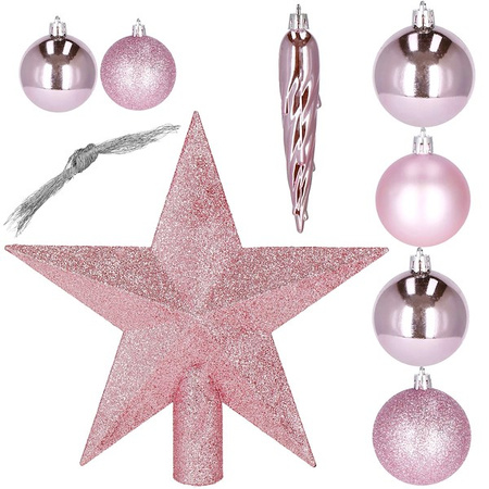 Bombki choinkowe 33 szt. ozdoby świąteczne zestaw z gwiazdą różowe