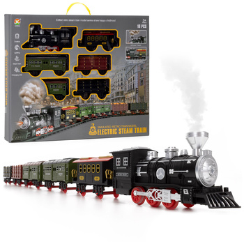 Pociąg parowy z wagonami, pilot do sterowania, tory, zabawka dla dzieci, lokomotywa z mgiełką, dźwiękiem