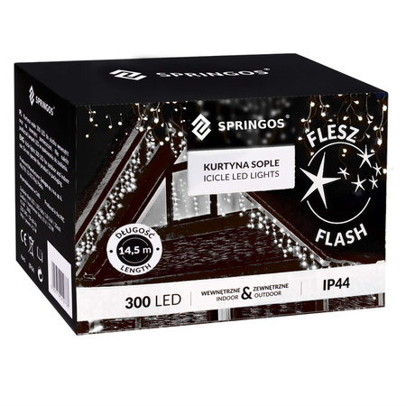 Kurtyna świetlna 300 led girlanda, lampki zewnętrzne sople zimny biały + flash