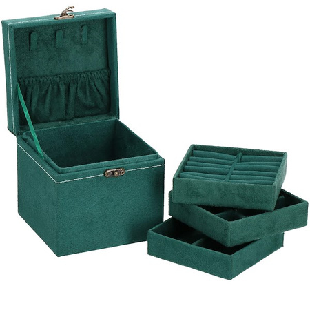 Kuferek, szkatułka na biżuterię 12x12x12 cm zielony welurowy organizer z przegródkami