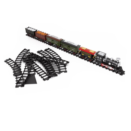 Pociąg parowy z wagonami, pilot do sterowania, tory, zabawka dla dzieci, lokomotywa z mgiełką, dźwiękiem