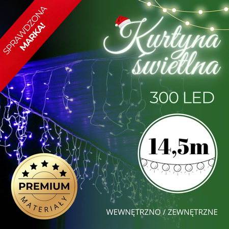 Kurtyna świetlna z pilotem 300 led girlanda, lampki wewnętrzno-zewnętrzne sople niebieski