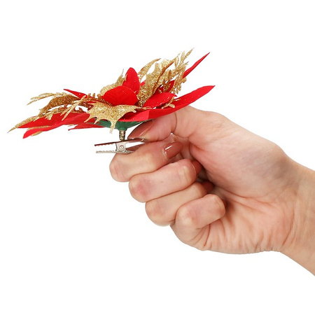 Gwiazda betlejemska 2 szt. sztuczny kwiat, poinsecja czerwono-złota z brokatem na klipsie