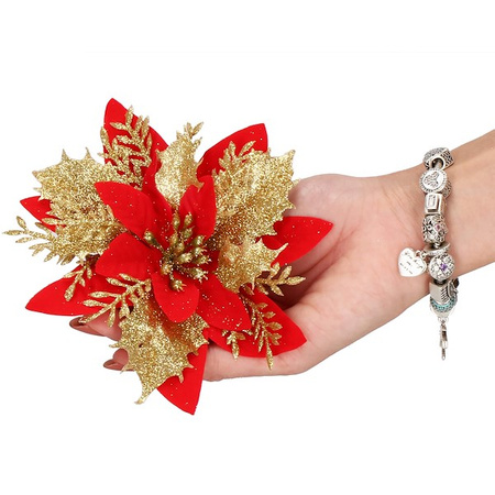 Gwiazda betlejemska 2 szt. sztuczny kwiat, poinsecja czerwono-złota z brokatem na klipsie