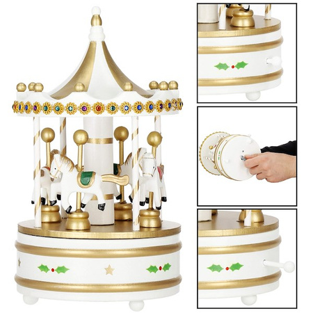 Drewniana karuzela, pozytywka ozdoba świąteczna biało-złota