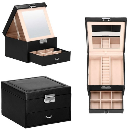 Kufer, szkatułka na biżuterię ekoskóra 16x16x11 cm czarny z szufladą i lusterkiem
