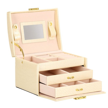 Kuferek, szkatułka na biżuterię 17,5x14x12,5 cm ecru z szufladami i lusterkiem