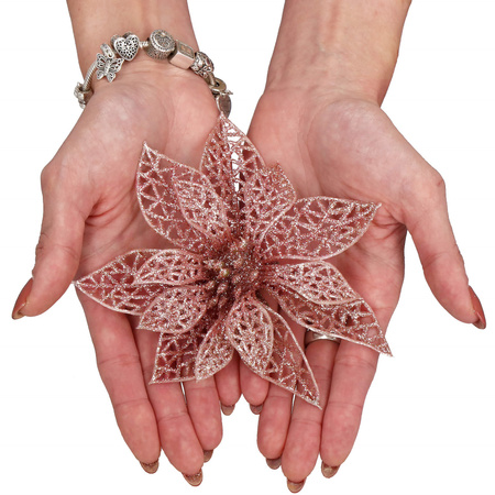 Gwiazda betlejemska, sztuczny kwiat, poinsecja ażurowa, różowa z brokatem na klipsie