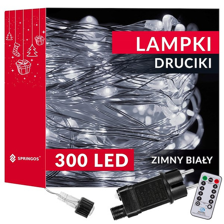 Lampki choinkowe z pilotem 300 led druciki na prąd biały zimny
