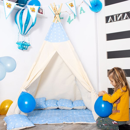 Namiot Tipi dla dzieci wigwam z poduszkami błękitny w gwiazdki