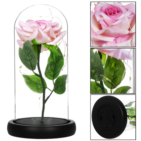 Wieczna róża w szklanym kloszu 22 cm świecąca dekoracja LED sztuczny kwiat różowy