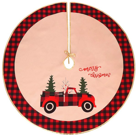 Dywanik pod choinkę 91 cm czerwony z samochodem, mata na prezenty merry christmas