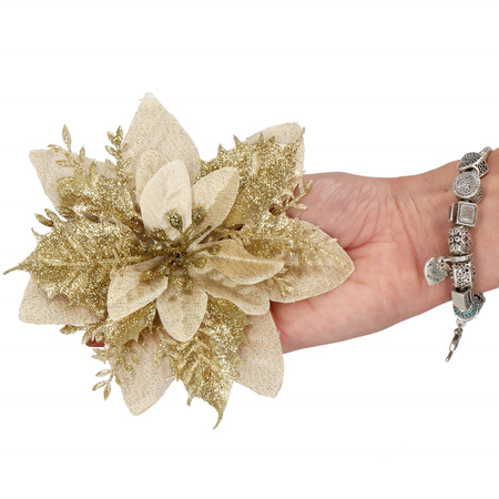 Gwiazda betlejemska 2 szt. sztuczny kwiat, poinsecja kremowo-złota z brokatem na klipsie