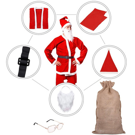 Strój świętego Mikołaja 7 elementowy z workiem jutowym czerwony kostium