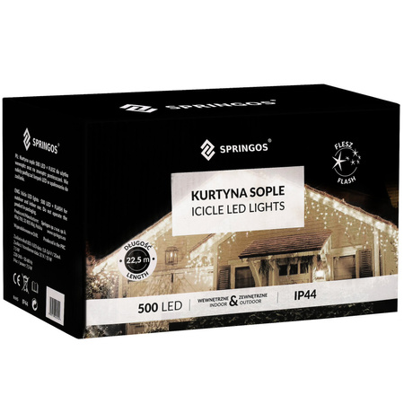 Kurtyna świetlna 500 led girlanda, lampki zewnętrzne sople zimny biały + flash