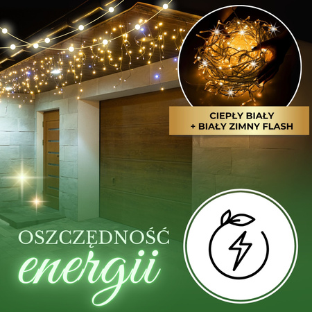 Kurtyna świetlna 500 led girlanda, lampki wewnętrzno-zewnętrzne 24 m sople biały ciepły + flash