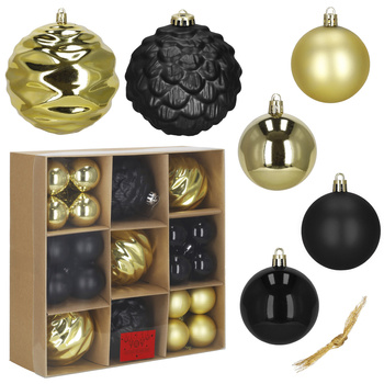 Bombki choinkowe, zestaw 37 szt. dekoracji do stroika, nietłukące złoto-czarne