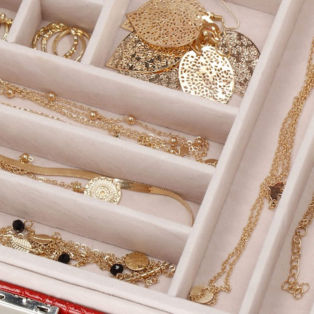 Kufer, szkatułka na biżuterię ekoskóra 26x26x8,5 cm czerwony z przegródkami