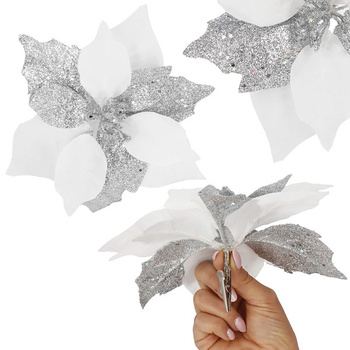 Gwiazda betlejemska sztuczny kwiat poinsecja gałązka biało-srebrny