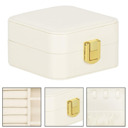 Kufer, szkatułka na biżuterię 10x10x5 cm kremowy z przegródkami ekoskóra