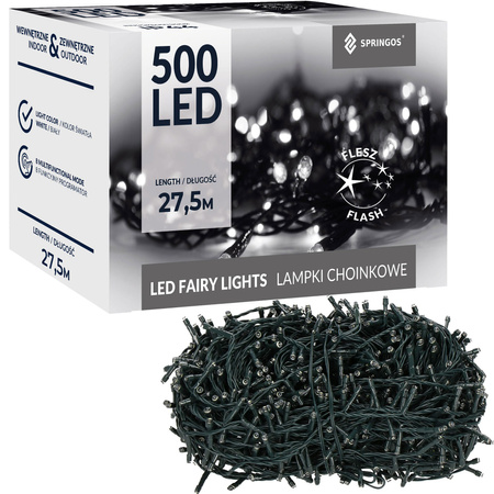 Lampki choinkowe 500 led biały zimny + flash 25m oświetlenie świąteczne IP44