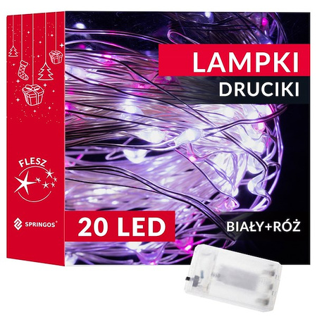 Lampki choinkowe 20 LED druciki mikro na baterie białe różowe