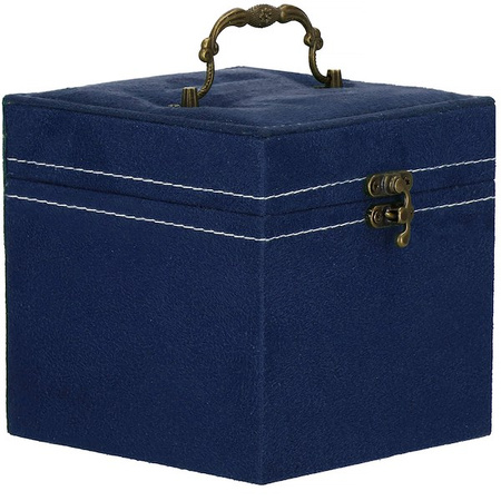 Kufer, szkatułka na biżuterię 12x12x12 cm granatowy z przegródkami welurowy