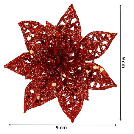 Gwiazda betlejemska, sztuczny kwiat, poinsecja ażurowa, czerwona z brokatem na klipsie