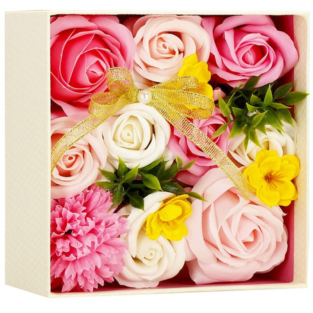 Kwiaty mydlane 15 szt. róże w pudełku prezentowym Flower box różowe, kremowe, żółte