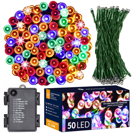 Lampki choinkowe 50 Led na baterie multikolor IP 44 z programatorem