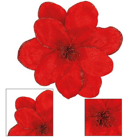 Magnolia sztuczny kwiat gałązka czerwona z brokatem