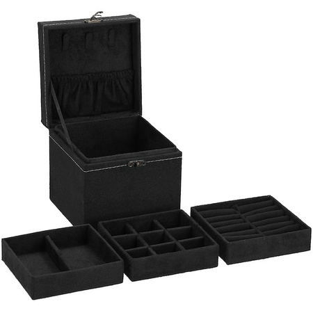 Kuferek, szkatułka na biżuterię 12x12x12 cm czarny z przegródkami welurowy