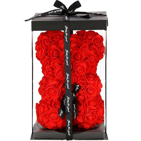 Miś  z czarną kokardką z róż 25 cm czerwony w pudełku miś LED ciepły biały 
