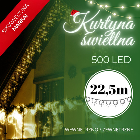Kurtyna świetlna 500 led girlanda, lampki wewnętrzno-zewnętrzne sople ciepły biały