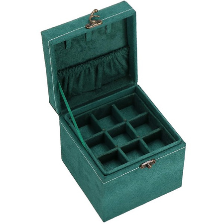 Kuferek, szkatułka na biżuterię 12x12x12 cm zielony welurowy organizer z przegródkami