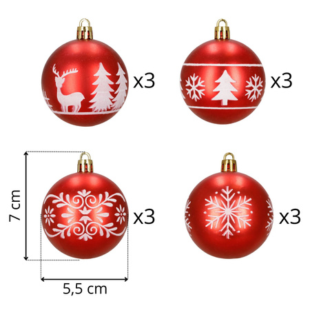 Czerwone bombki choinkowe 7 cm 12 szt. zestaw ozdoby świąteczne zdobione