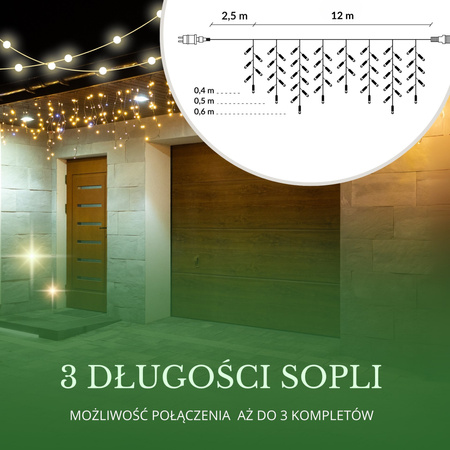 Kurtyna świetlna 300 led girlanda, lampki wewnętrzno-zewnętrzne sople ciepły biały