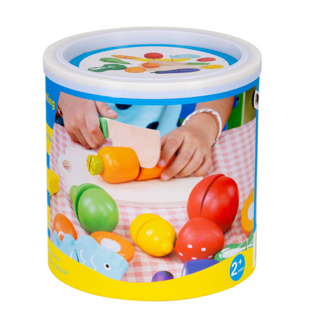 Drewniany zestaw: deska z nożykiem do krojenia, owoce, warzywa na rzepy 13 el. dla dzieci, kolorowe