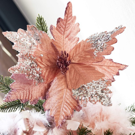 Gwiazda betlejemska, sztuczny kwiat na klipsie poinsecja różowa srebrne cekiny