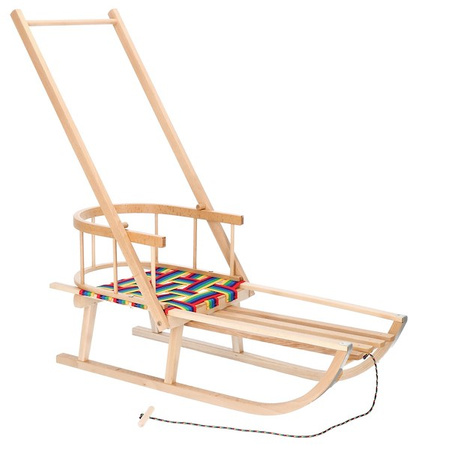 Sanki dla dzieci drewniane z siedziskiem, oparciem i pchaczem