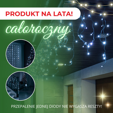 Kurtyna świetlna 500 led girlanda, lampki zewnętrzne sople zimny biały + flash