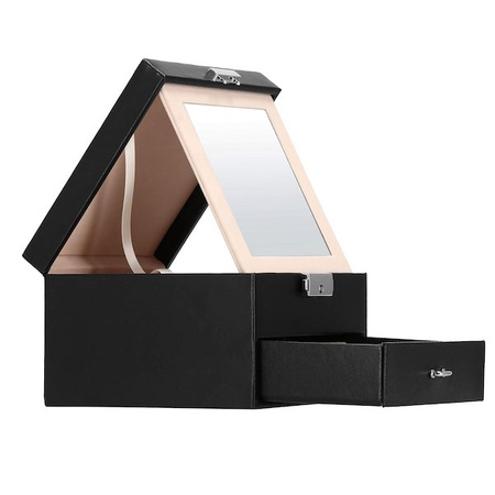 Kufer, szkatułka na biżuterię ekoskóra 16x16x11 cm czarny z szufladą i lusterkiem