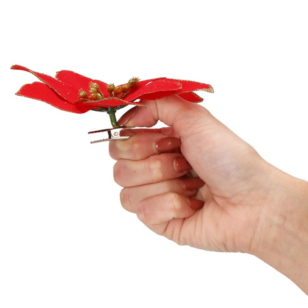 Gwiazda betlejemska, sztuczny kwiat poinsecja czerwona z brokatem, na klipsie